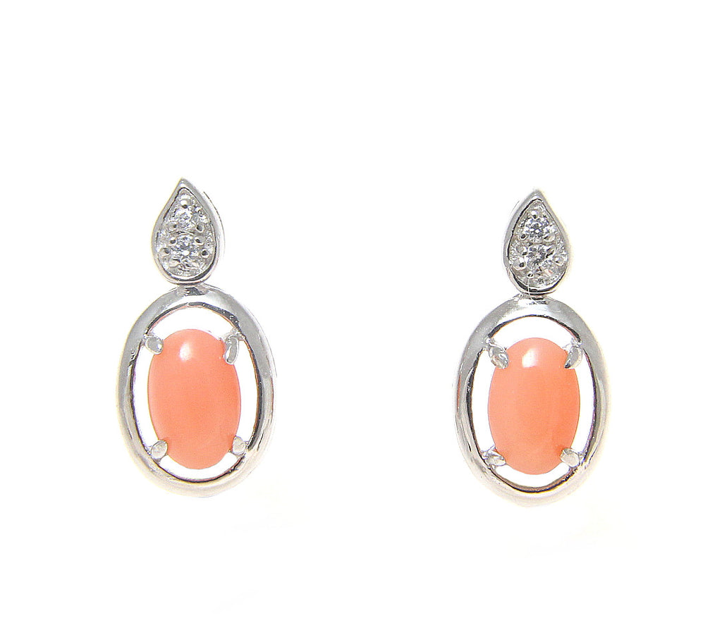 925 Sterling Silver Rhodium CZ Genuine Natural 4x6mm Oval Pink Coral Earrings