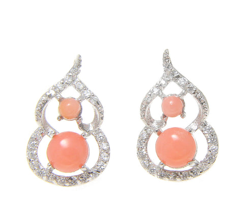 925 Sterling Silver Rhodium CZ Genuine Natural Pink Coral Post Stud Earrings