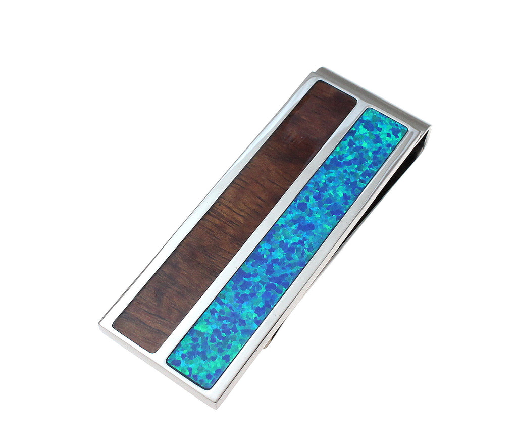 Stainless Steel Genuine Hawaiian Koa Wood Blue Opal 20mm Money Clip Cash Holder