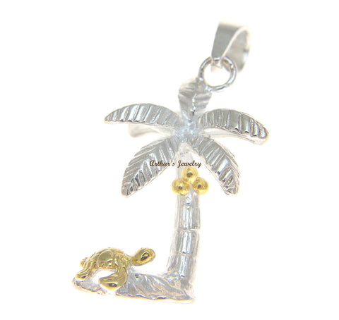 SILVER 925 HAWAIIAN 3D YELLOW GOLD PLATED SEA TURTLE UNDER PALM TREE PENDANT