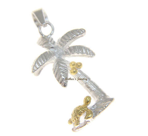 SILVER 925 HAWAIIAN 3D YELLOW GOLD PLATED SEA TURTLE UNDER PALM TREE PENDANT