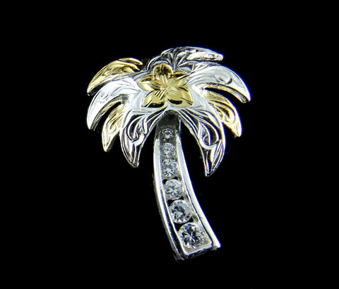 SILVER 925 2 TONE YELLOW HAWAIIAN PLUMERIA FLOWER SCROLL PALM TREE CZ PENDANT