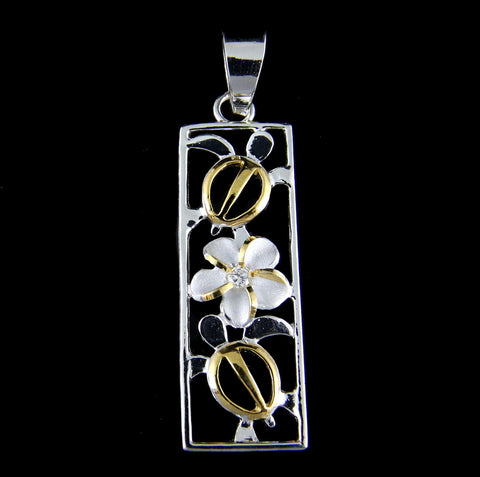SILVER 925 2 TONE 2 HAWAIIAN CUT OUT HONU SEA TURTLE PLUMERIA FLOWER PENDANT