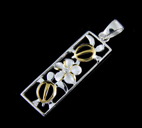 SILVER 925 2 TONE 2 HAWAIIAN CUT OUT HONU SEA TURTLE PLUMERIA FLOWER PENDANT