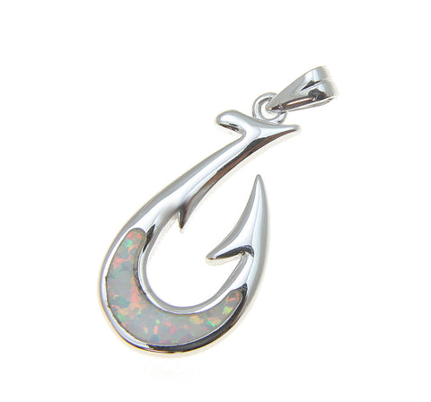 925 Sterling Silver Rhodium Hawaiian White Opal Fish Hook Pendant Charm