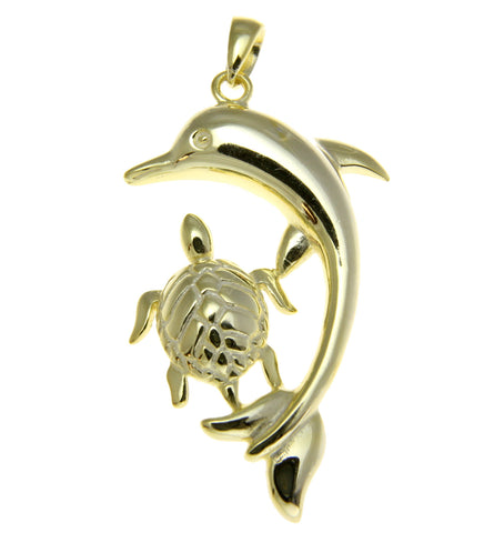 YELLOW GOLD SOLID 925 STERLING SILVER LARGE HAWAIIAN SEA TURTLE DOLPHIN PENDANT