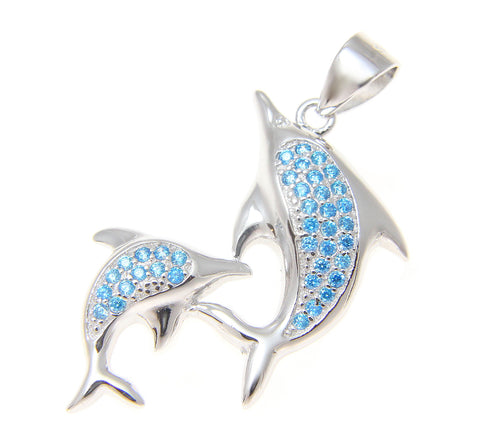 925 Sterling Silver Genuine Blue Topaz Hawaiian Double Dolphin Pendant