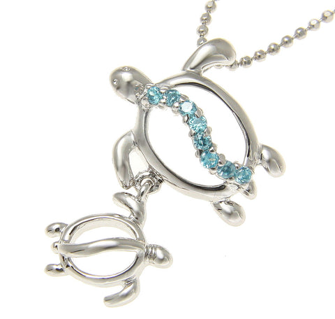 STERLING SILVER 925 RHODIUM MOTHER BABY HAWAIIAN HONU TURTLE PENDANT BLUE CZ