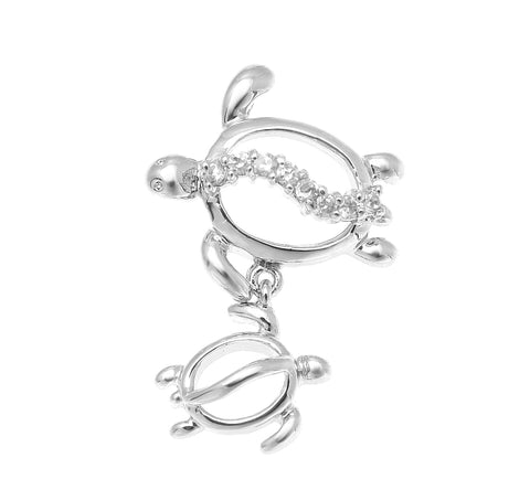 STERLING SILVER 925 RHODIUM MOTHER BABY HAWAIIAN HONU TURTLE PENDANT CZ