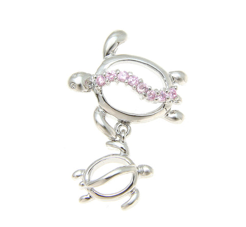 STERLING SILVER 925 RHODIUM MOTHER BABY HAWAIIAN HONU TURTLE PENDANT PINK CZ