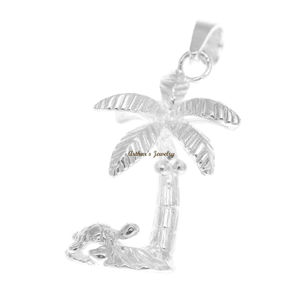 STERLING SILVER 925 HAWAIIAN 3D SEA TURTLE CRAWLING UNDER PALM TREE PENDANT