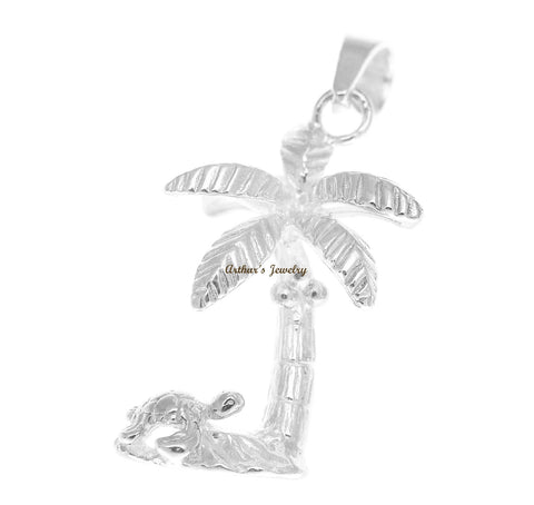 STERLING SILVER 925 HAWAIIAN 3D SEA TURTLE CRAWLING UNDER PALM TREE PENDANT
