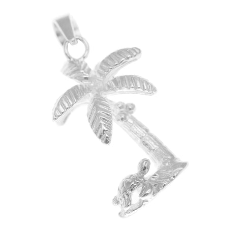 STERLING SILVER 925 HAWAIIAN 3D SEA TURTLE CRAWLING UNDER PALM TREE PENDANT