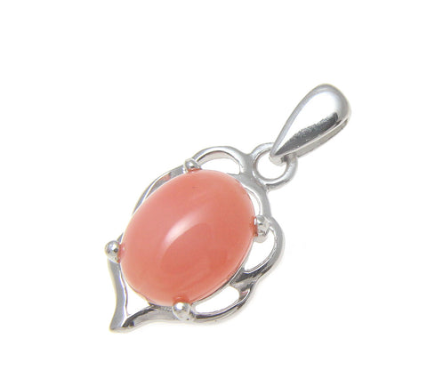 925 Sterling Silver Rhodium Genuine Natural 7x9mm Oval Pink Coral Pendant