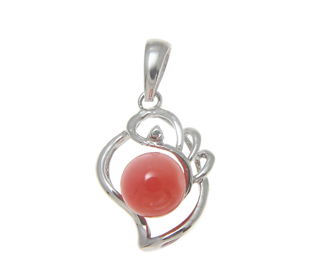 925 Sterling Silver Rhodium Genuine Natural 6mm Round Pink Coral Pendant