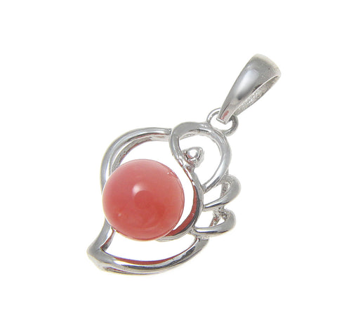 925 Sterling Silver Rhodium Genuine Natural 6mm Round Pink Coral Pendant