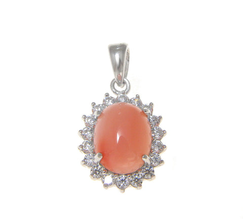 925 Sterling Silver Rhodium CZ Genuine Natural 8x10mm Oval Pink Coral Pendant