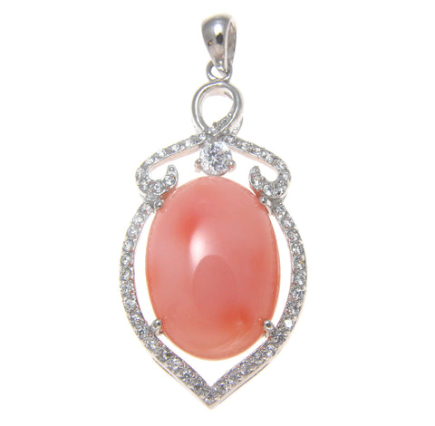 925 Sterling Silver Rhodium CZ Genuine Natural Oval 12x18mm Pink Coral Pendant