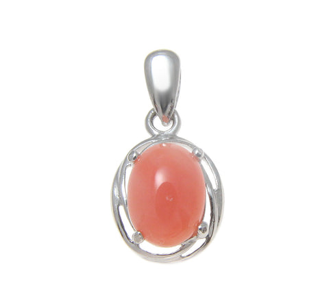 925 Sterling Silver Rhodium Genuine Natural 6x8mm Oval Pink Coral Pendant