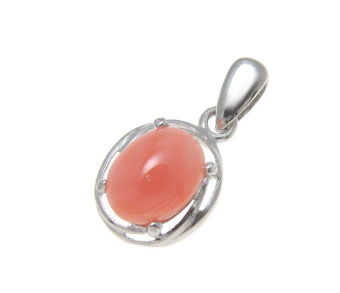 925 Sterling Silver Rhodium Genuine Natural 6x8mm Oval Pink Coral Pendant