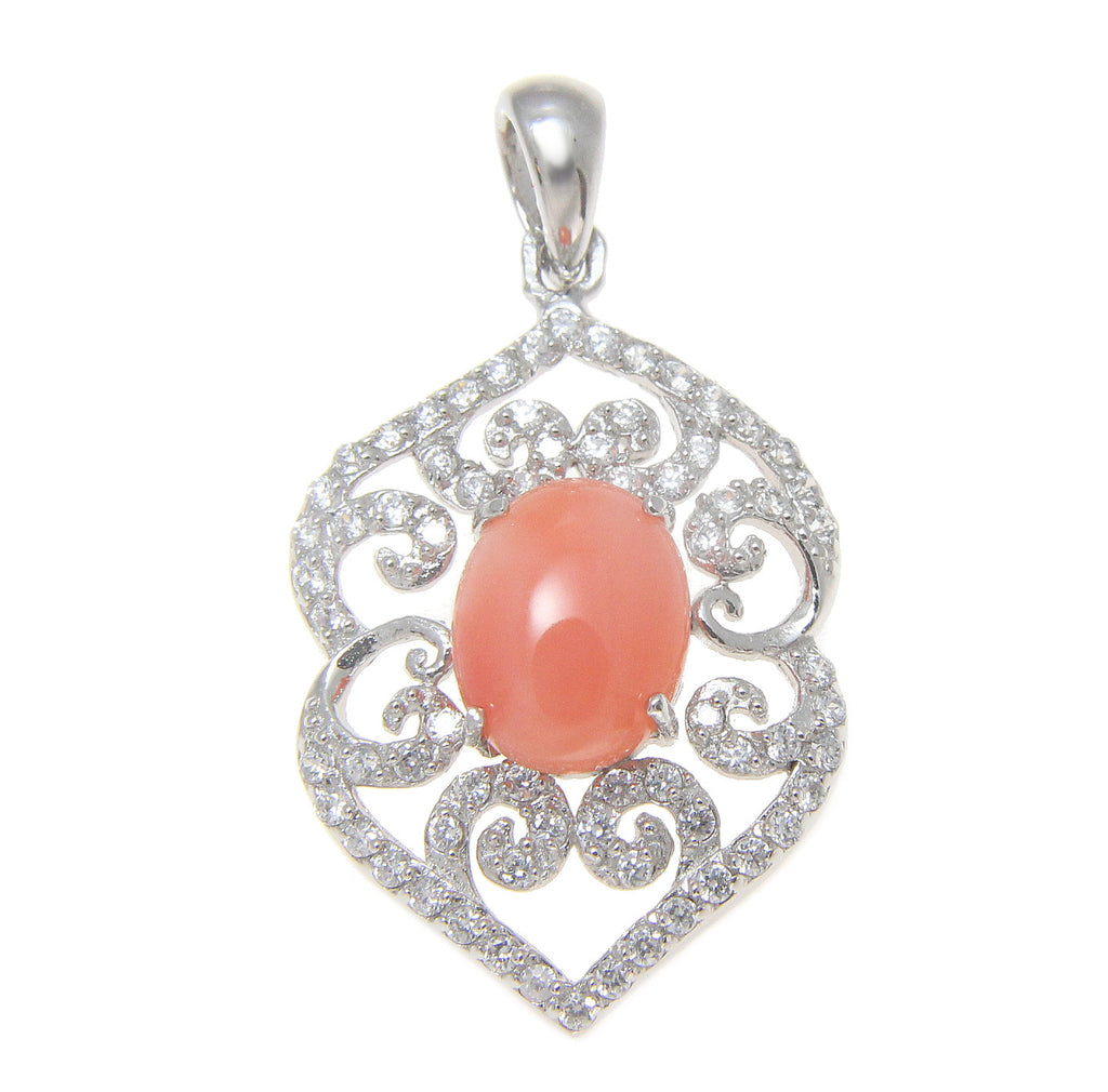 925 Sterling Silver Rhodium CZ Genuine Natural Oval 7x9mm Pink Coral Pendant