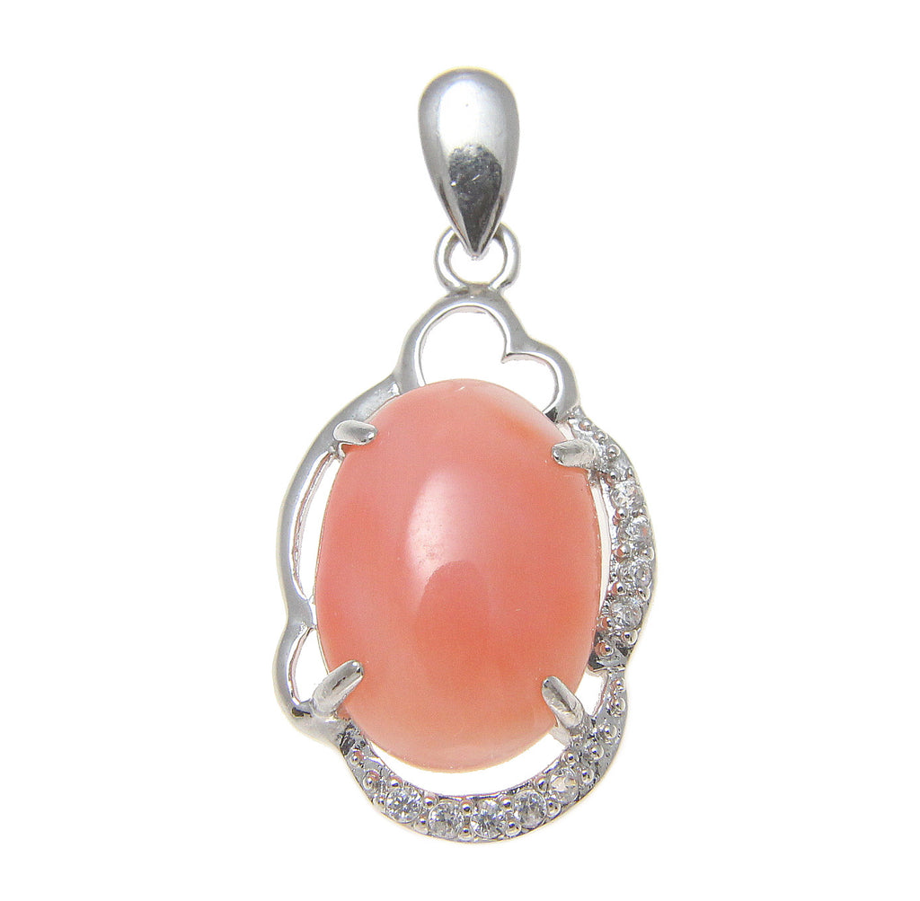 925 Sterling Silver Rhodium CZ Genuine Natural Oval 10x14mm Pink Coral Pendant