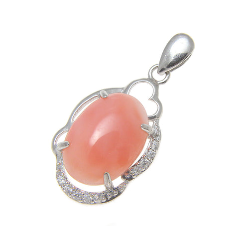 925 Sterling Silver Rhodium CZ Genuine Natural Oval 10x14mm Pink Coral Pendant