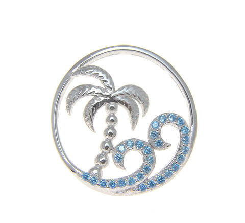 925 Silver Hawaiian Palm Tree Genuine Blue Topaz Ocean Wave Pendant