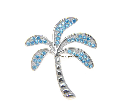 925 Sterling Silver Genuine Blue Topaz Hawaiian Palm Tree Slider Pendant