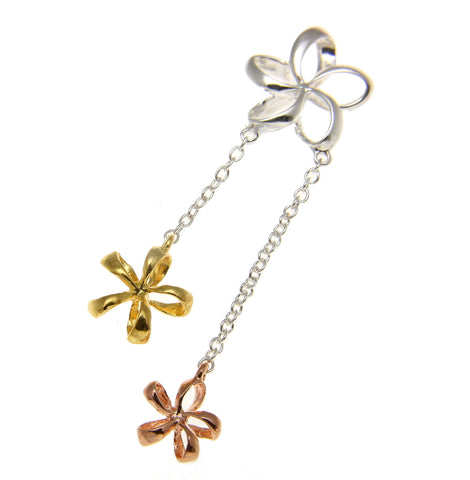 925 STERLING SILVER TRICOLOR HAWAIIAN OPEN PLUMERIA FLOWER DANGLING PENDANT