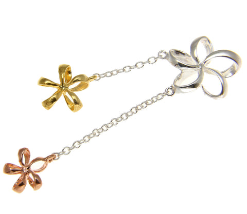 925 STERLING SILVER TRICOLOR HAWAIIAN OPEN PLUMERIA FLOWER DANGLING PENDANT