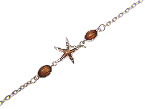 925 Sterling Silver Starfish Hawaiian Genuine Koa Wood Link Chain Anklet 9"+