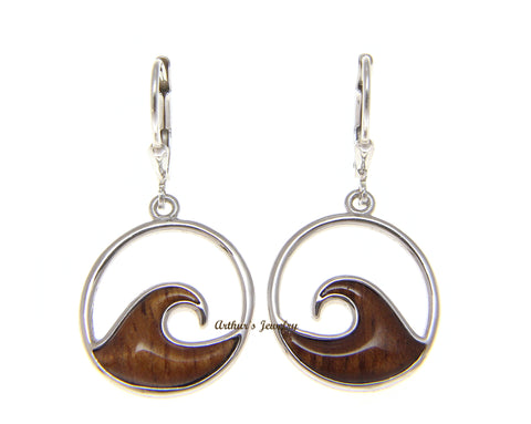 925 Sterling Silver Hawaiian Koa Wood 17.5mm Ocean Lever Back Dangle Earrings