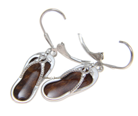 GENUINE HAWAIIAN KOA WOOD SLIPPER HONU TURTLE LEVERBACK EARRINGS 925 STERLING SILVER