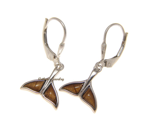 925 Sterling Silver Hawaiian Koa Wood Whale Tail Lever Back Dangle Earrings