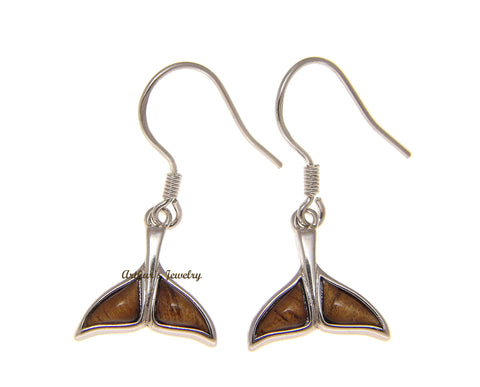 925 Sterling Silver Hawaiian Koa Wood Whale Tail Wire Hook Dangle Earrings