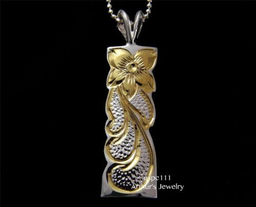 SILVER 925 HAWAIIAN PLUMERIA QUEEN SCROLL VERTICAL PENDANT 10MM YELLOW 2 TONE