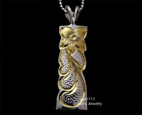 SILVER 925 HAWAIIAN PLUMERIA QUEEN SCROLL VERTICAL PENDANT 10MM YELLOW 2 TONE