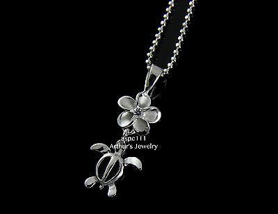 SILVER 925 HAWAIIAN PLUMERIA FLOWER DANGLE HONU SEA TURTLE PENDANT RHODIUM