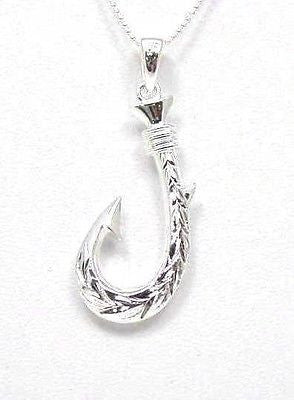 SOLID 925 STERLING SILVER HAWAIIAN SCROLL MAILE 2 SIDED 3D FISH HOOK PENDANT