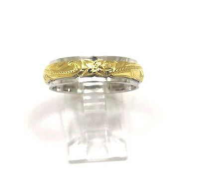 2 TONE YELLOW SILVER 925 HAWAIIAN PRINCESS SCROLL 4/6MM DOUBLE BAND RING SZ 3-12