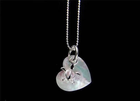 MOTHER OF PEARL SHELL HEART SILVER 925 HAWAIIAN MOVABLE HONU TURTLE PENDANT