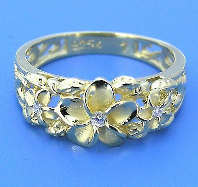 YELLOW GOLD PLATED SILVER 925 HAWAIIAN 3 PLUMERIA RING MAILE LEAF CUT OUT SCROLL