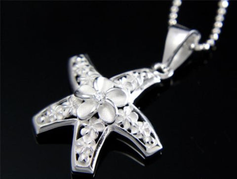 STERLING SILVER 925 HAWAIIAN PLUMERIA FLOWER STARFISH PENDANT CZ