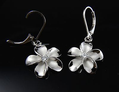 18MM SILVER 925 HAWAIIAN PLUMERIA LEVERBACK EARRINGS RHODIUM