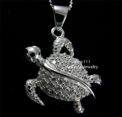 STERLING SILVER 925 HAWAIIAN SPARKLY CZ SWIMMING SEA TURTLE PENDANT