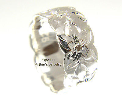 STERLING SILVER 925 HAWAIIAN PLUMERIA FLOWER ALL AROUND 8MM BAND RING
