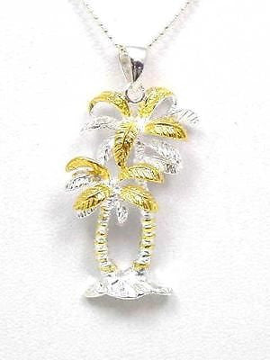 SILVER 925 HAWAIIAN TROPICAL DOUBLE PALM TREE PENDANT YELLOW GOLD PLATED 2 TONE