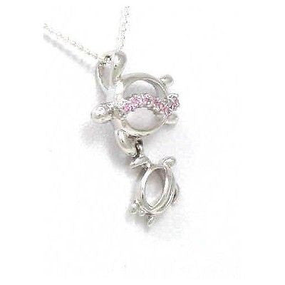 STERLING SILVER 925 RHODIUM MOTHER BABY HAWAIIAN HONU TURTLE PENDANT PINK CZ