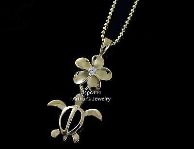 SILVER 925 HAWAIIAN PLUMERIA FLOWER CZ HONU TURTLE PENDANT YELLOW GOLD PLATED